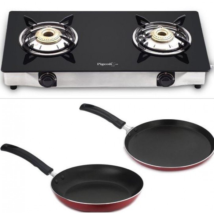 Pigeon 2 Burner Glass Cooktop Duo Pack Flat Tawa 250 Mm Fry